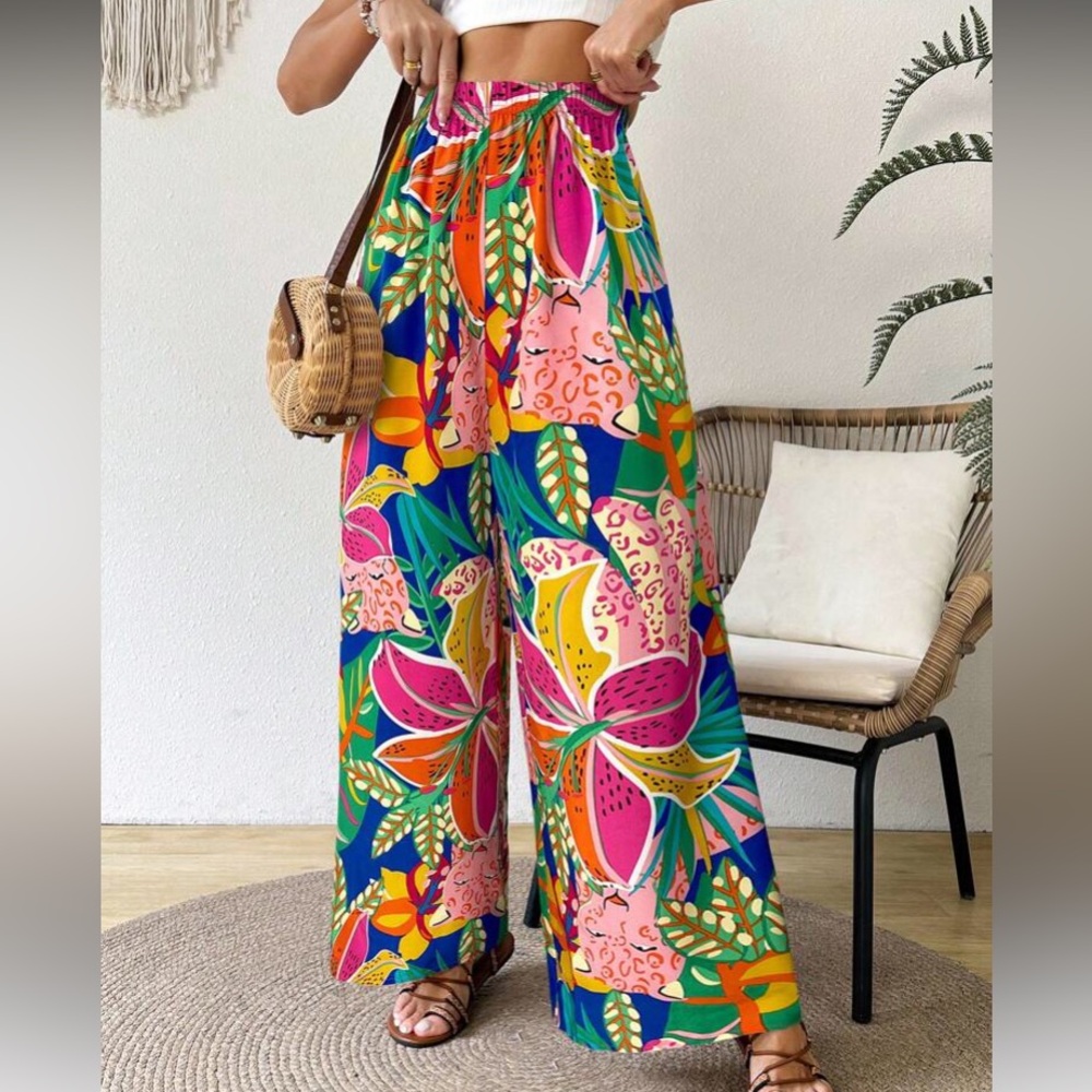 Wide Leg Floral Print Palazzo Pants - Multicolor